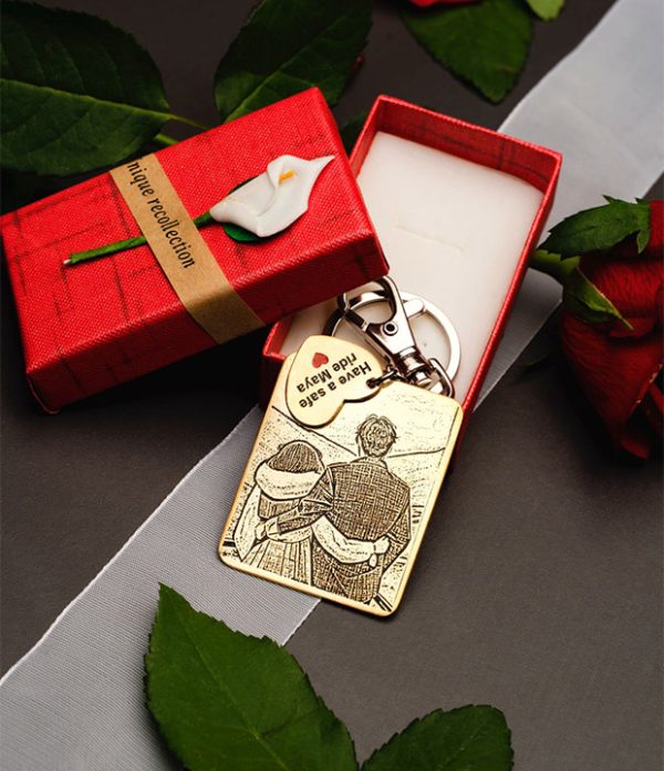Personalized Photo Brass Keychain with Engraved Text