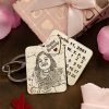 Customized brass photo keychain with engraved image, calendar design, and "Happy Birthday" charm.