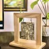 Custom photo engraved wooden table frame featuring a handcrafted wooden stand